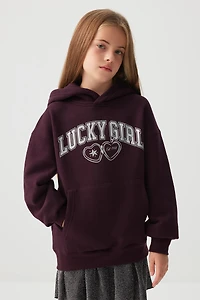 Ardene Kids Lucky Girl Hoodie in Burgundy | Size | Polyester/Cotton | Fleece-Lined