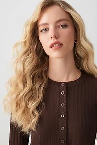 Ardene Rib Crew Neck Cardigan in Brown | Size | Polyester/Elastane