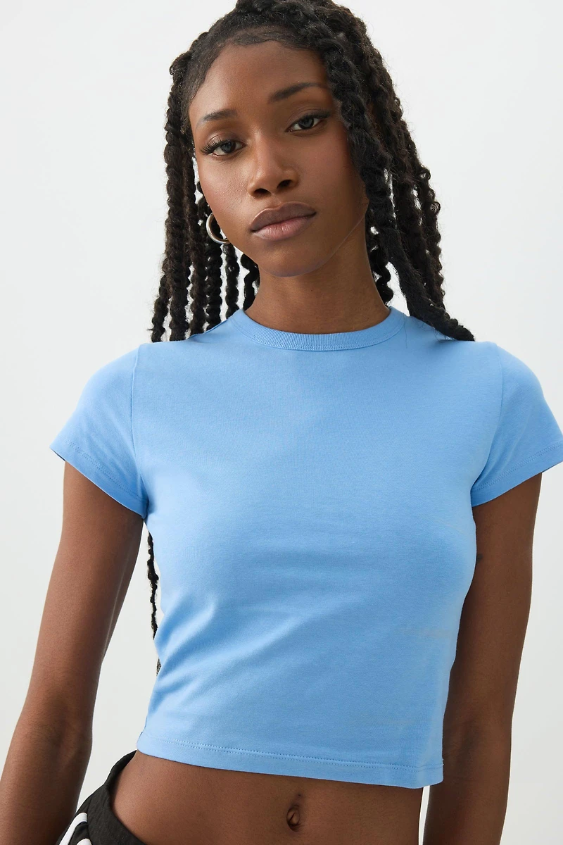 Ardene Basic Crop Cap Sleeve T-Shirt in Medium Blue | Size 2XS | Cotton/Elastane