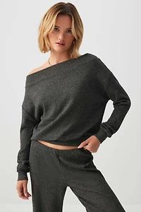 Ardene Brushed Knit Off Shoulder Sweater in Dark Grey | Size Small | Polyester/Elastane