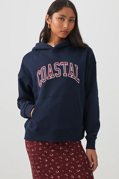 Ardene Oversized Printed Hoodie in Dark Blue | Size | Polyester/Cotton | Fleece-Lined