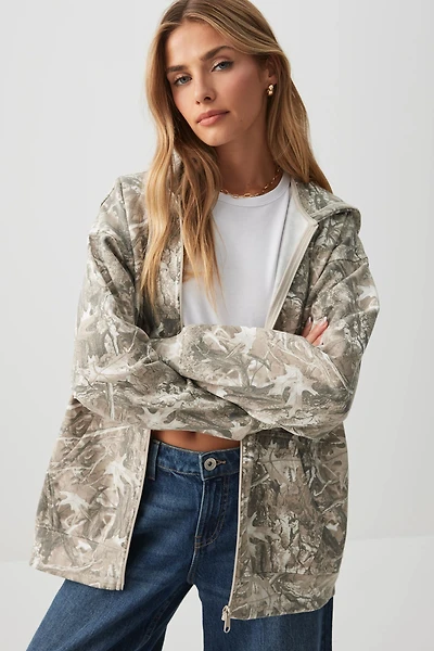 Ardene Camouflage Oversized Zip Up Hoodie in Beige | Size | Polyester/Cotton | Fleece-Lined
