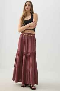Ardene Tiered Maxi Skirt in Burgundy | Size | Polyester/Spandex