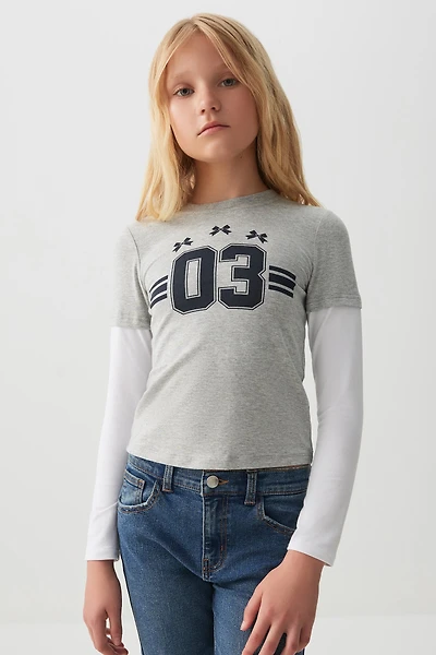 Ardene Kids Layered Graphic T-Shirt in Grey | Size | Cotton/Elastane | Eco-Conscious