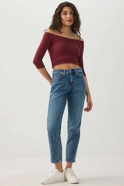 Ardene High Rise Slim Straight Jeans in Medium Blue | Size | Cotton/Elastane