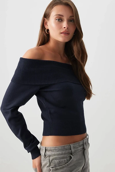 Ardene Off Shoulder Sweater in Dark | Size | Polyester/Nylon/Viscose