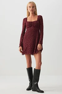Ardene Flocked Floral Mesh Mini Dress in Burgundy | Size | Polyester/Nylon/Elastane