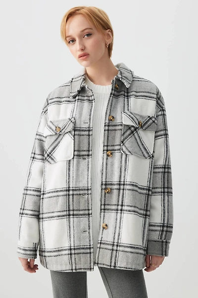 Ardene Sherpa Lined Plaid Shirt Jacket in Grey | Size | Polyester