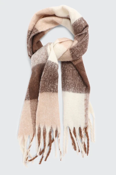 Ardene Plaid Fuzzy Scarf in Brown | Polyester