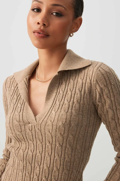 Ardene Short Cable Knit Johnny Collar Sweater in Beige | Size | Polyester/Nylon