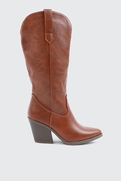 Ardene Knee High Cowboy Boots in Cognac | Size | Faux Leather/Faux Suede