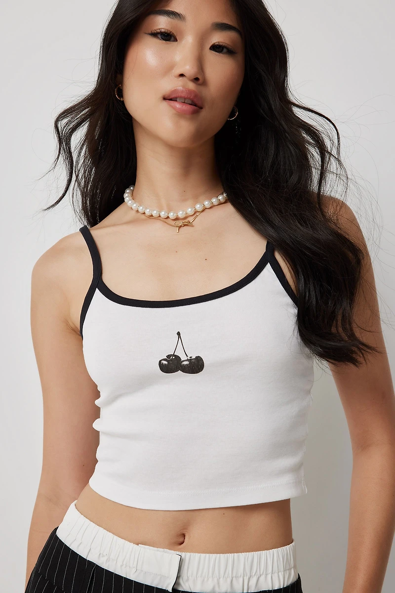 Ardene Cherry Print Crop Tank Top in White | Size | 100% Cotton