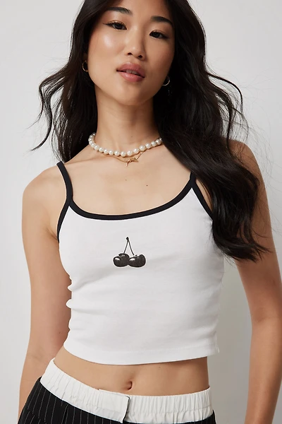 Ardene Cherry Print Crop Tank Top in White | Size | 100% Cotton