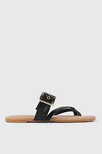 Ardene Toe Loop Flat Sandals with Chunky Buckle in Black | Size | Faux Leather | Eco-Conscious