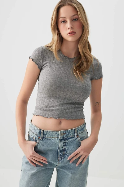 Ardene Pointelle Lettuce Edge T-Shirt in Grey | Size | Polyester/Rayon/Nylon