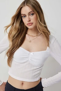 Ardene Crop Pointelle Long Sleeve Top in White | Size | Polyester/Viscose