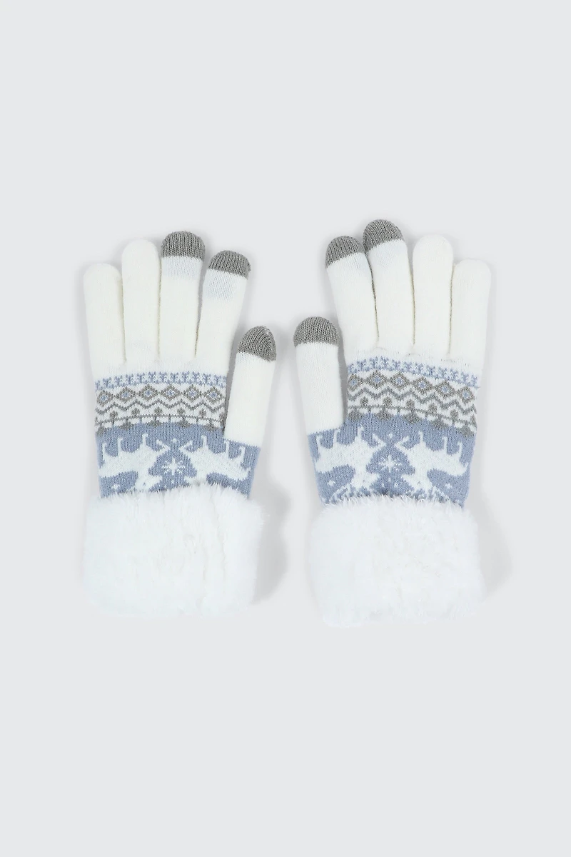 Ardene Reindeer Fair Isle Gloves in White | Polyester/Elastane