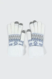 Ardene Reindeer Fair Isle Gloves in White | Polyester/Elastane