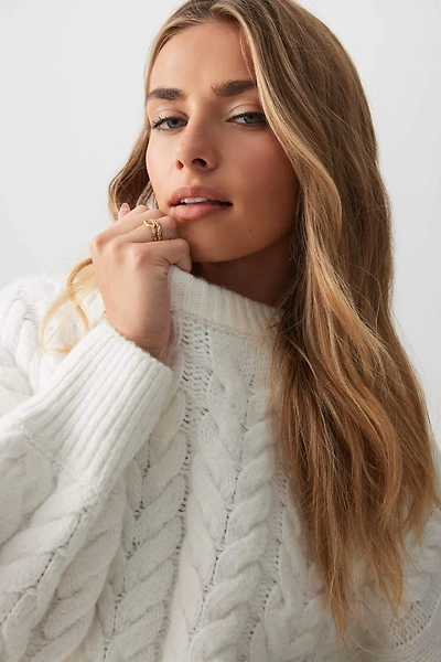 Ardene Short Cable Knit Sweater in Off-White | Size | Polyester | Eco-Conscious