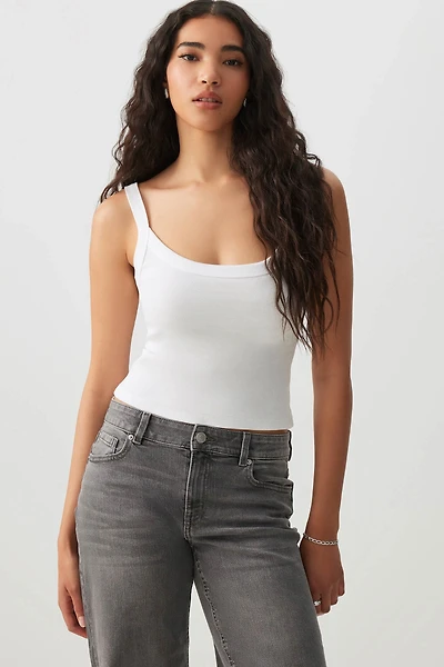 Ardene Basic Rib Scoop Neck Tank Top in White | Size | Cotton/Elastane | Eco-Conscious