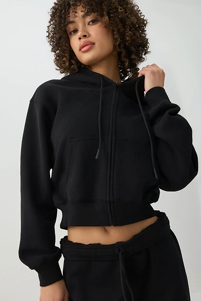 Ardene MADESOFT Fleece Short Zip Up Hoodie in Black Licorice | Size | Polyester/Cotton | Eco-Conscious