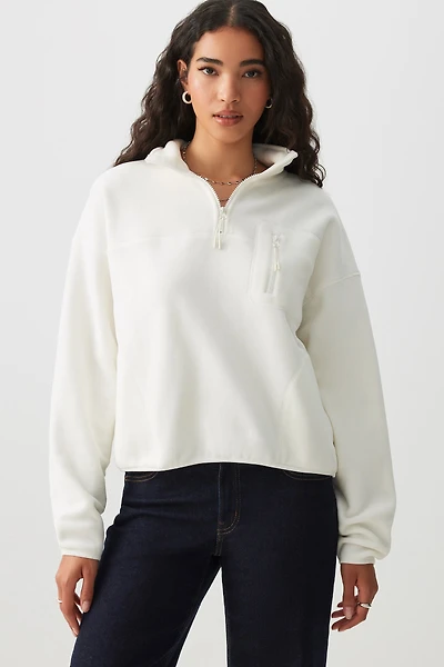 Ardene Polar Fleece Half Zip Sweatshirt in White | Size | Polyester