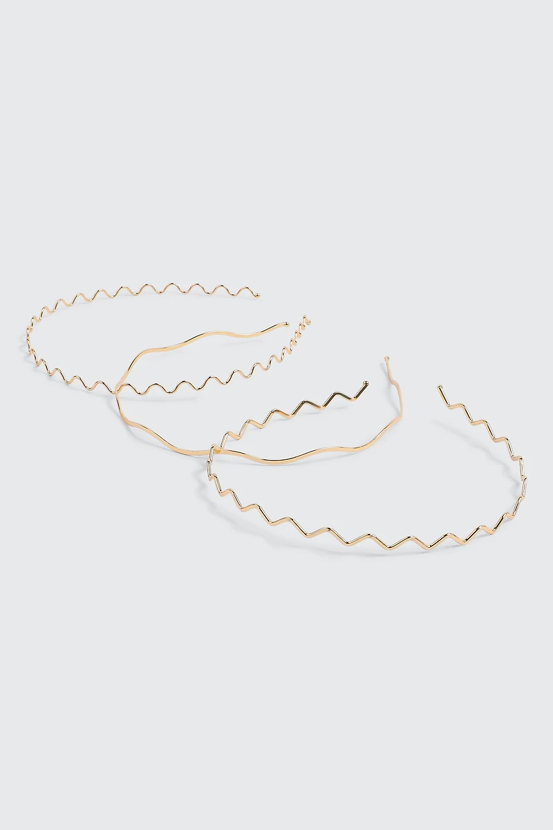 Ardene 3-Pack Wavy Metal Headbands in Gold