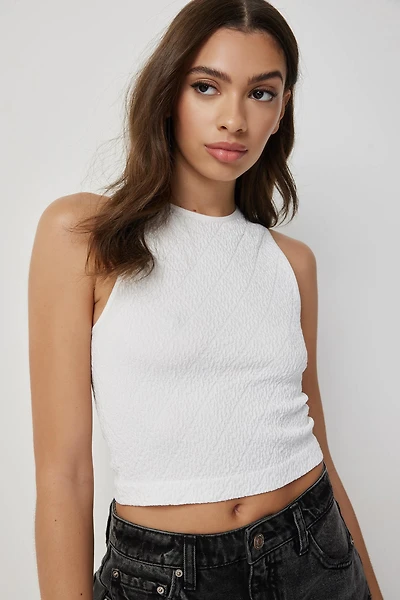 Ardene Diamond Pattern Crew Neck Tank in White | Size Small | Nylon/Spandex