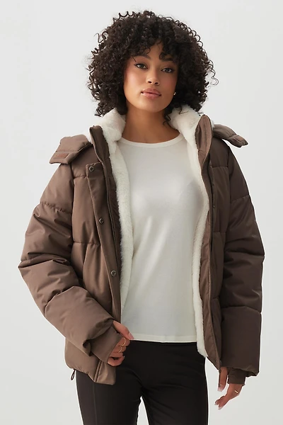 Ardene Faux Fur Lined Puffer Jacket in Brown | Size | Polyester