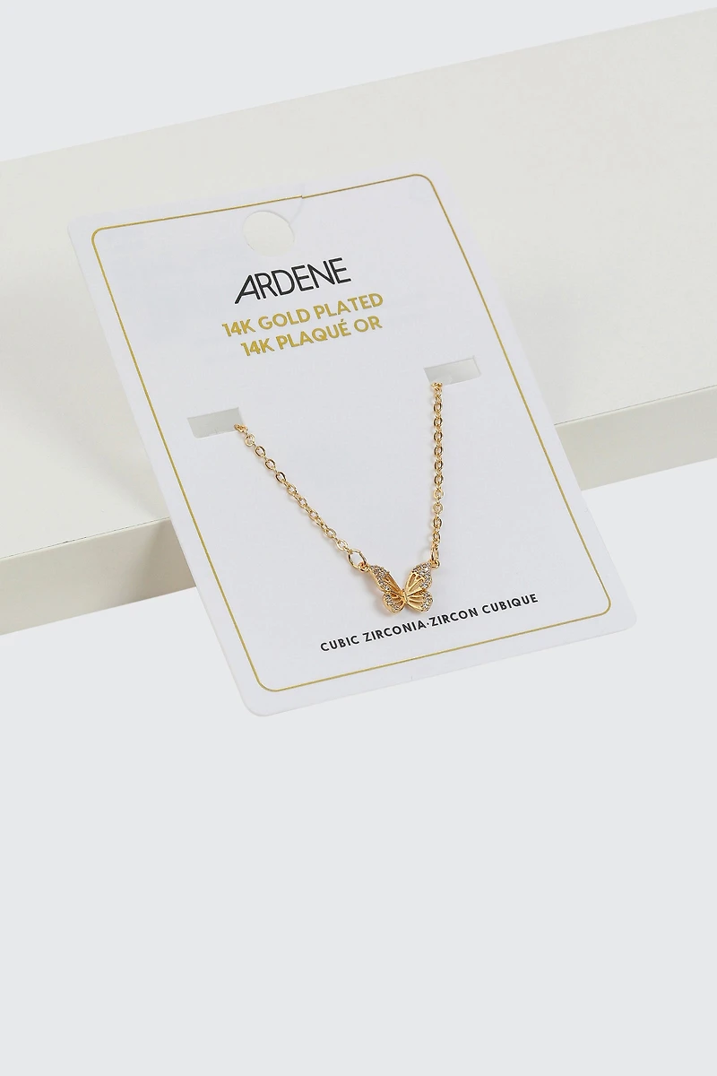 Collier à pendentif papillon plaqué or 14K