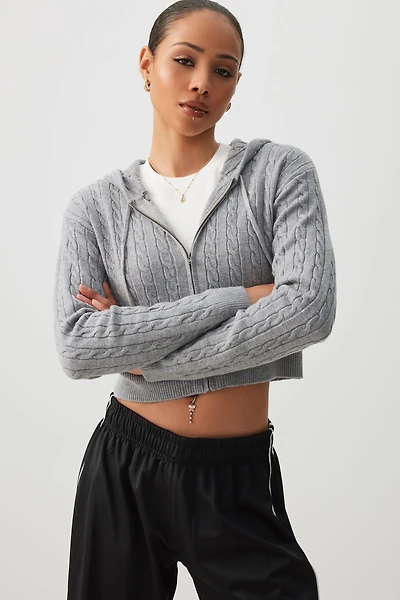 Ardene Cable Knit Zip Up Hooded Sweater in Grey | Size | Polyester/Nylon