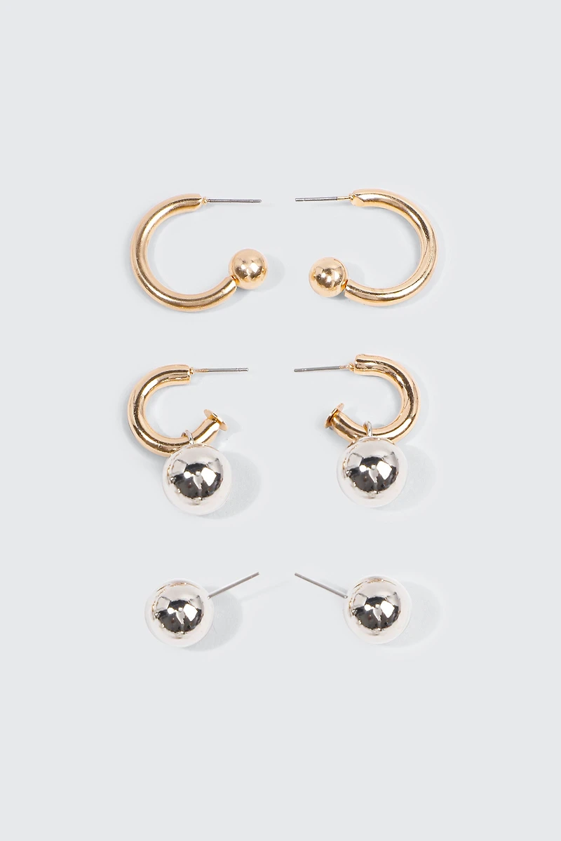 Ardene 3-Pack Sphere Charm Hoop Earrings in Gold | Stainless Steel