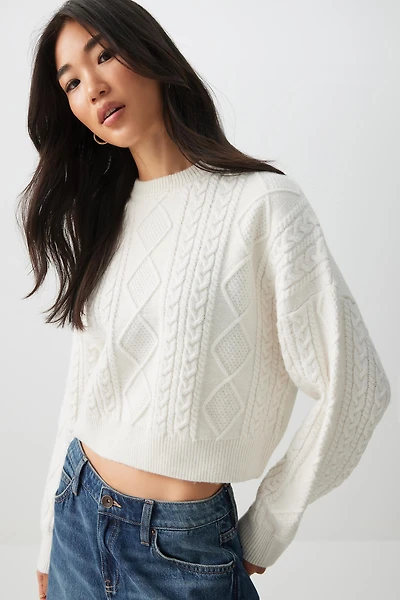 Ardene Crop Cable Knit Sweater in Off-White | Size | Polyester | Eco-Conscious