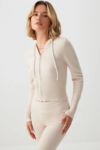 Ardene Crop Zip Up Hooden Sweater in Beige | Size | Polyester/Nylon/Viscose