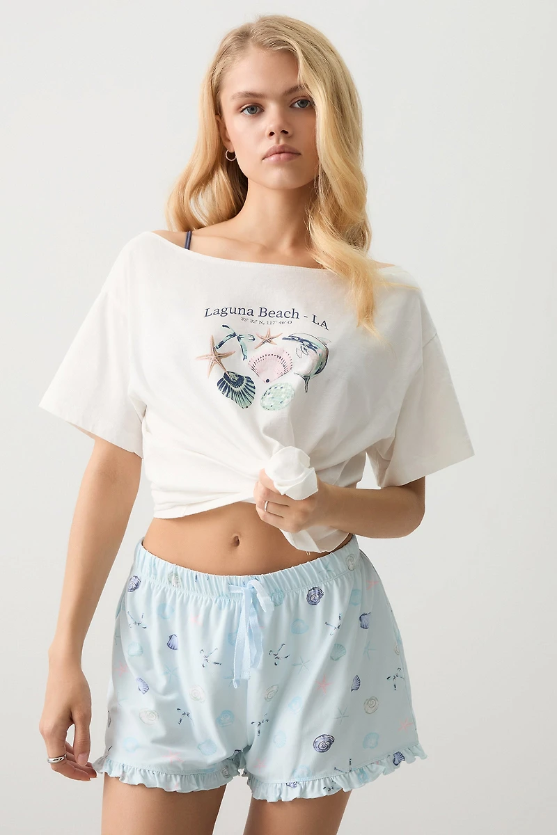 Ardene Ruffle Trim Super Soft PJ Shorts in Light Blue | Size | Polyester/Spandex | Eco-Conscious