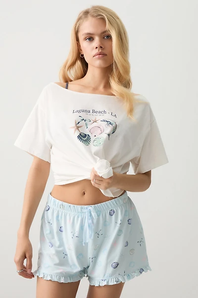 Ardene Ruffle Trim Super Soft PJ Shorts in Light Blue | Size | Polyester/Spandex | Eco-Conscious