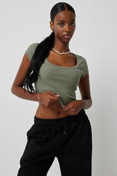 Ardene Ultra Crop Picot Trim T-Shirt in Khaki | Size | Cotton/Elastane