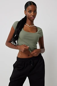 Ardene Ultra Crop Picot Trim T-Shirt in Khaki | Size | Cotton/Elastane