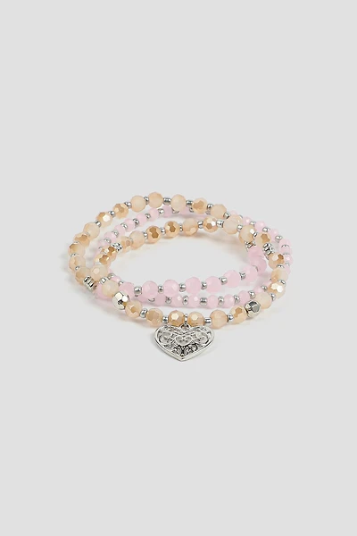 Ardene 3-Pack Bead Bracelet with Heart Charm in Light