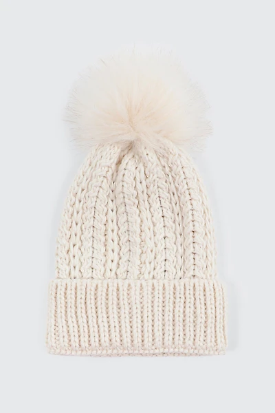 Ardene Beanie with Pompom in Off-White | 100% Acrylic