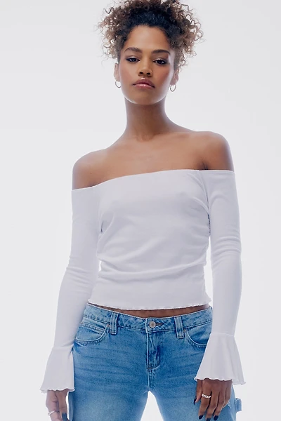 Ardene Off Shoulder Bell Sleeve Top in White | Size Small | Polyester/Rayon/Elastane