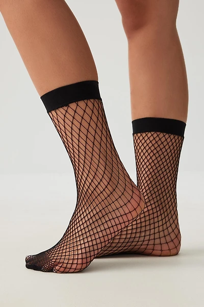 Ardene Fishnet Demi Crew Socks in Black | Nylon/Spandex