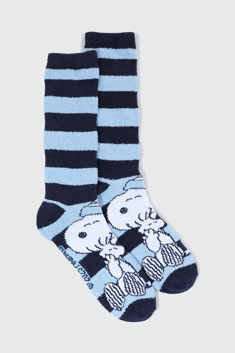 Ardene Snoopy Fuzzy Crew Socks in Light Blue | Polyester/Elastane