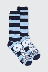 Ardene Snoopy Fuzzy Crew Socks in Light Blue | Polyester/Elastane