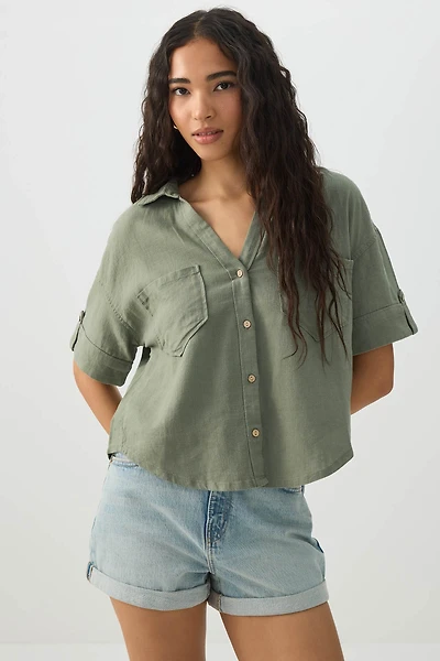 Ardene Linen Blend Utility Shirt in Khaki | Size | Viscose
