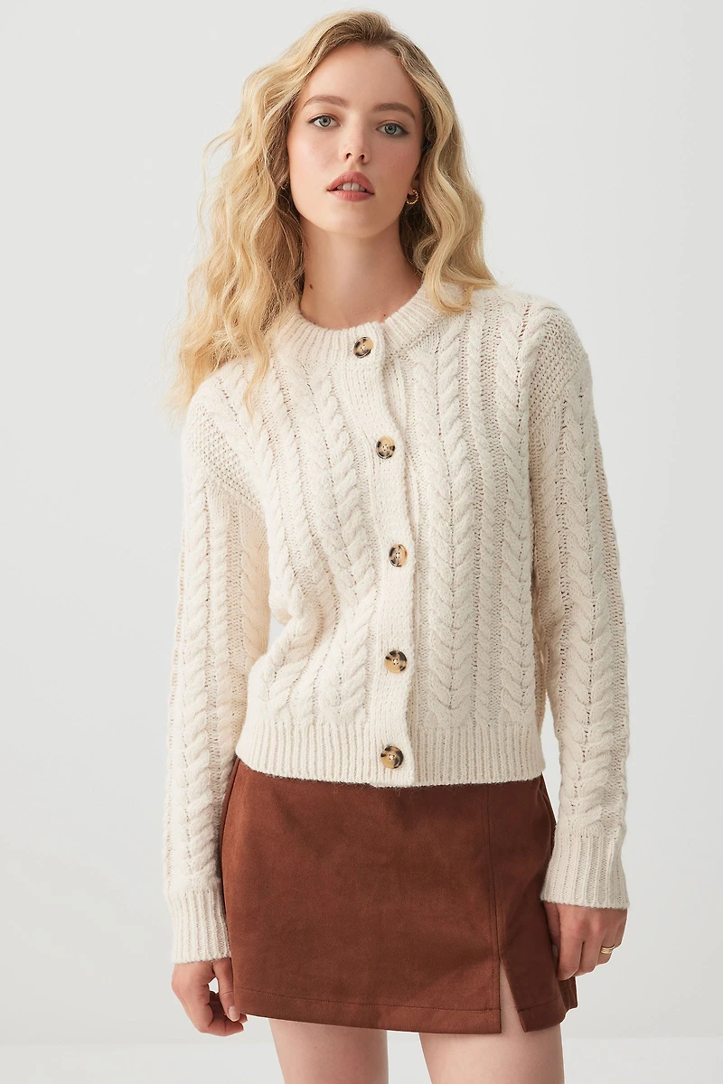 Ardene Chunky Cable Knit Cardigan in Beige | Size | Polyester/Nylon