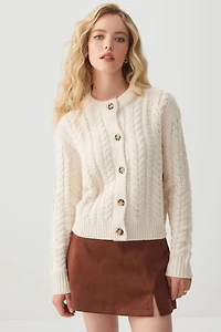 Ardene Chunky Cable Knit Cardigan in Beige | Size | Polyester/Nylon