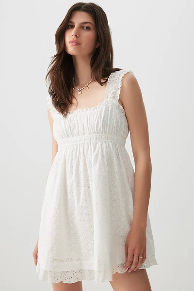 Ardene Eyelet Babydoll Mini Dress in White | Size | 100% Cotton