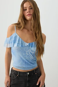 Ardene Mesh Cold Shoulder Short Sleeve Top in Medium Blue | Size | Polyester/Elastane