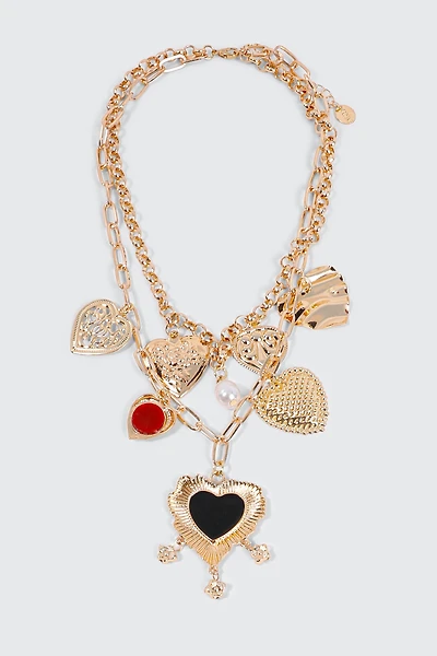 Ardene Two-Row Chunky Necklace with Heart Charms in Gold